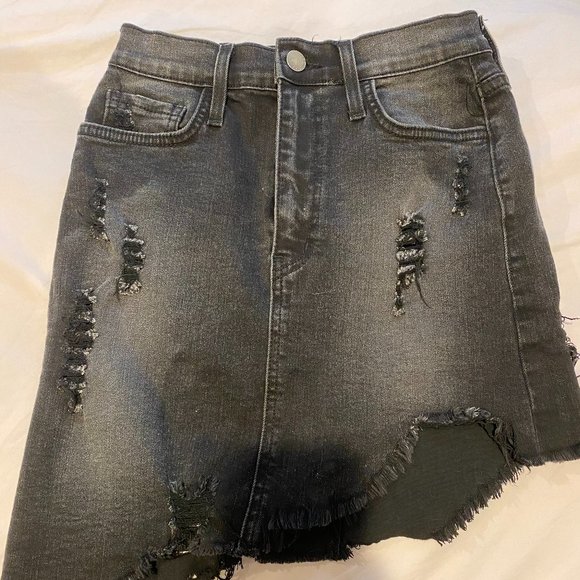 Distressed Black Ripped Asymmetrical Jean Skirt - Picture 1 of 2